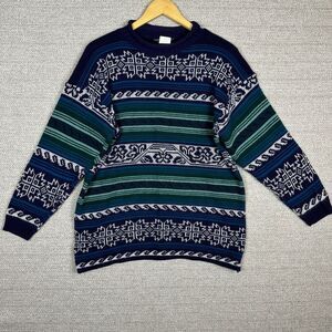 Vtg JJ Browne Sz M Grandpa Sweater Grunge Made USA Blue Striped Geo Grunge Snow‎
